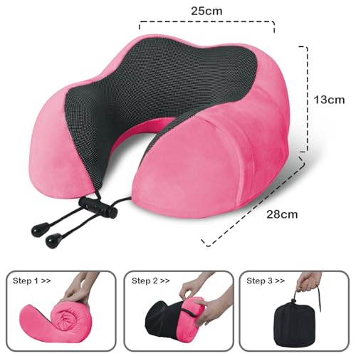 Travel Pillow, Memory Foam Neck Pillow for Traveling, U Shape Neck Pillow Airplane Portable Flight Pillow Travel Kit with 5D Contoured Eye Masks and Earplug for Plane Train Car Home Office - color: Dark Pink