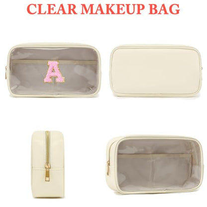 Fammart Clear Makeup Bag with 2 Customizable Chenille Letters - Waterproof PU Leather Cosmetic Case, Large Personalized Toiletry Pouch for Women & Teens, Ideal for Travel & Gift - color: Clear, Large - Beige