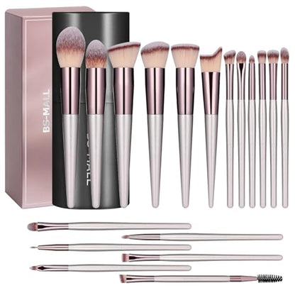 BS-MALL Makeup Brush Set 18 Pcs Professional Foundation Powder Concealers Eyeshadow Blush Synthetic Makeup Brushes with Labeled instruction Black Case Upgraded Version - color: A-Champagne