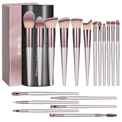 BS-MALL Makeup Brush Set 18 Pcs Professional Foundation Powder Concealers Eyeshadow Blush Synthetic Makeup Brushes with Labeled instruction Black Case Upgraded Version - color: A-Champagne