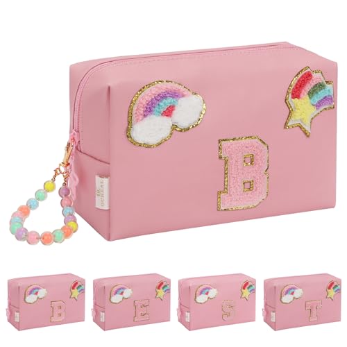 Initial Makeup Bag for Girls, Cute Makeup Bag Small Cosmetic Bag Travel Make Up Organizer Pouch, Birthday Gifts for Girls 4 5 6 7 8 9 10 11 12 13 14 15 Years Old, Teen Girls Gifts Trendy Stuff - color: Pink + Bracelet, style: B