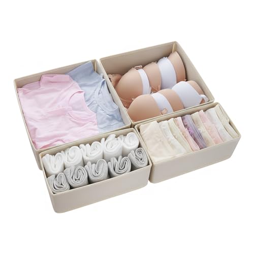 Drawer Organizer Set 4 Pack - Foldable Fabric Storage Bins with Zipper Bottom for Underwear Socks Bras Baby Clothes - Closet Dresser Organizers Dividers for Bedroom Nursery, Beige - color: Beige (Matte Finish)