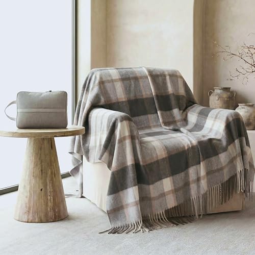 Soft Pure Wool Throw Blanket, Lightweight Warmth, 55"x83", Plaid, Fringe, Compact with Bag, Useful Gift for Women Men, All Season Decorative Cozy Travel Blanket for Couch Bed, Outdoors - color: Wood Gray, size: Standard (1.5 lbs)
