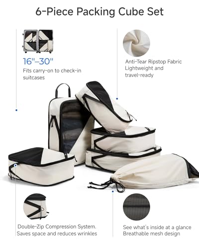 LUGGEX Compression Packing Cubes for Travel, 6 Set Lightweight Luggage Organizer Bags with Shoe Bag, Space Saving Suitcase Packing Cubes for Carry-On with Breathable Mesh, Double-Zipper (POX01, Beige) - size: 6 Set - 2 Large Cubes