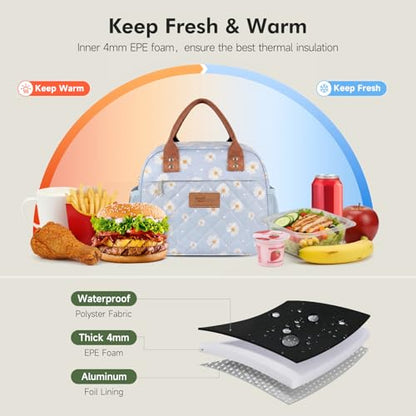 HOMESPON Insulated Lunch Bag for Women Men Adults Lunch Tote with Front Pocket Lunch Box Container Cooler Bag for Work Picnic (Blue Daisy) - color: Blue Daisy