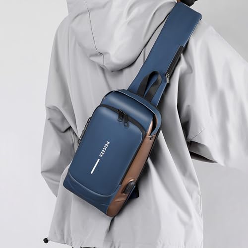 Peicees Mens Crossbody Bag Man Bags Mens Purse Anti-theft Leather Sling Bag Shoulder Bag Chest Bag for Daily Use, Blue Gold - color: Blue Gold