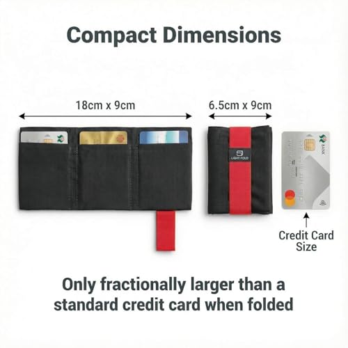 LIGHT FOLD Ultra Slim Tri-Fold Wallet with RFID Blocking, Lightweight Minimalist Men’s Wallet with Elastic Band, Waterproof Durable Nylon Fabric, Slim Front Pocket Card Holder Fits 12 Cards & Cash - color: Red