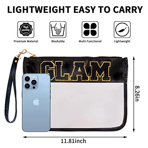 Iqimott Chenille Letter Bag Clear Flat Pouch, Monogram Glitter Letter Patch Makeup Cosmetic Bag Zipper Toiletry Pouch, Portable Travel Beach Snack Wristlet Bag for Women Girls(Black) - color: Glam-Black