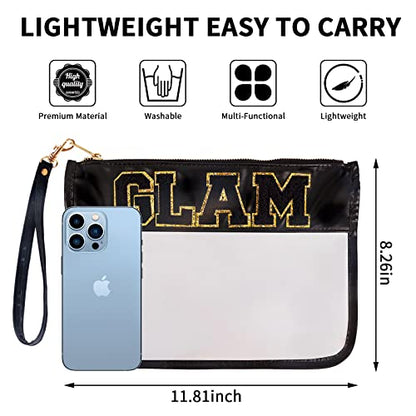 Iqimott Chenille Letter Bag Clear Flat Pouch, Monogram Glitter Letter Patch Makeup Cosmetic Bag Zipper Toiletry Pouch, Portable Travel Beach Snack Wristlet Bag for Women Girls(Black) - color: Glam-Black