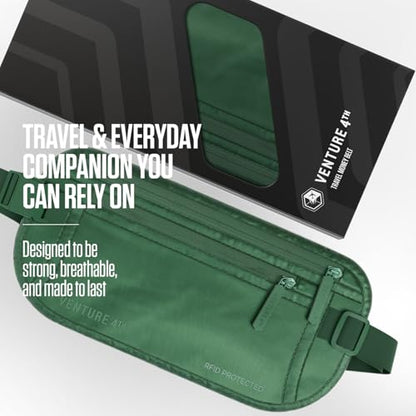 VENTURE 4TH Money Belt for Travel – Slim Hidden Under-Clothes RFID Blocking Anti-Theft Passport Holder & Travel Wallet Pouch for Men & Women to Protect Cash, Cards & Documents (Sleek Army Green) - color: Sleek Army Green