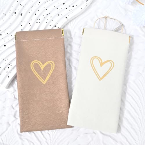 Glasses Case Soft, Eyeglass Cases for Women Portable Squeeze Top PU Leather 2 Pack Glasses Pouch with Cleaning Cloth - color: Off-white Love+brown Love