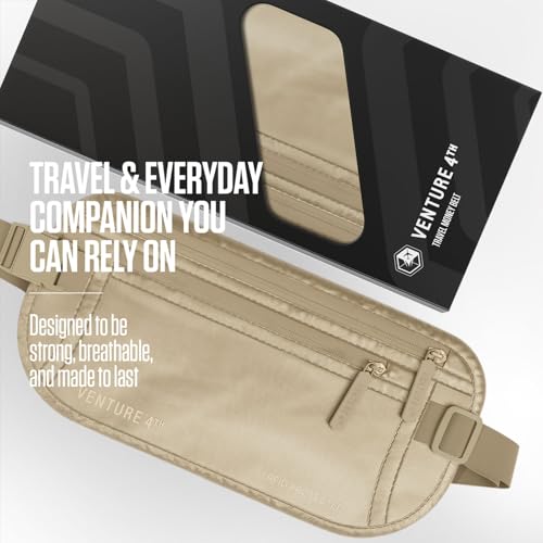 VENTURE 4TH Money Belt for Travel – Slim Hidden Under-Clothes RFID Blocking Anti-Theft Passport Holder & Travel Wallet Pouch for Men & Women to Protect Cash, Cards & Documents (Sleek Beige) - color: Sleek Beige