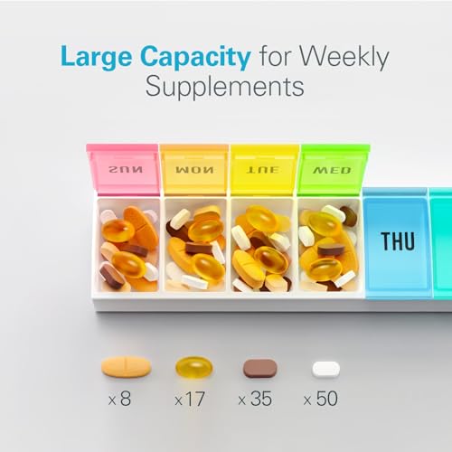 Barhon Medium Size Pill Organizer Weekly, 7 Day Medicine Pill Organizers, Daily Pills Box Case Travel for Big Vitamin Supplements Fish Oil, Multi-Colored - color: Multi-colored