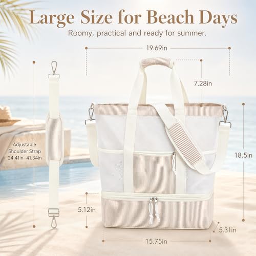 Bluboon Mesh Beach Tote Bag with Cooler Compartment Insulated Detachable Picnic Bag with Zipper and Pocket Pool Bag for Women - color: Sand White Vertical Stripe