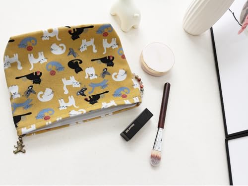 HAPPYHEIDI Canvas Pouch Travel Organizer, Brown Cats, Cotton Blend, Animal Print, Zipper Closure, 7.1x2.4x7 Inches - color: GR-Canvas-Brown Cats