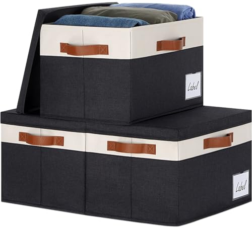 GhvyenntteS Large Storage Bins with Lids (3 Pack), Storage Baskets with Lid and Label Window, Foldable Fabric Storage Boxes with 3 Handles for Home Office College Dorms (Black, 15" x 11" x 9.7") - color: Black with White, size: Large-3 Pack