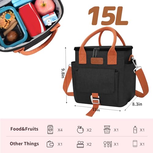 Joymee Insulated Lunch Bag for Women Waterproof Cooler Lunch Tote bag-Black | Large Spacious, Cooler Lunch Bag, Adjustable Shoulder Strap, With Side Pocket, Bottle Holder, for Office Work Picnic Travel - color: Black