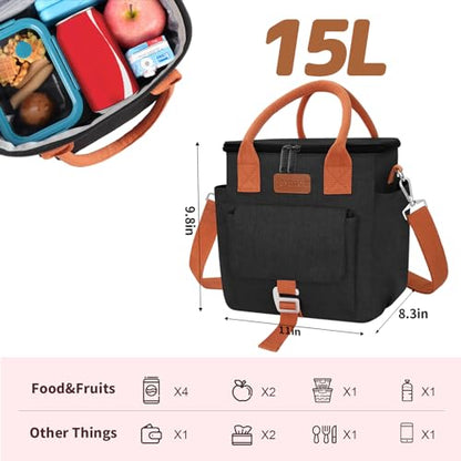 Joymee Insulated Lunch Bag for Women Waterproof Cooler Lunch Tote bag-Black | Large Spacious, Cooler Lunch Bag, Adjustable Shoulder Strap, With Side Pocket, Bottle Holder, for Office Work Picnic Travel - color: Black