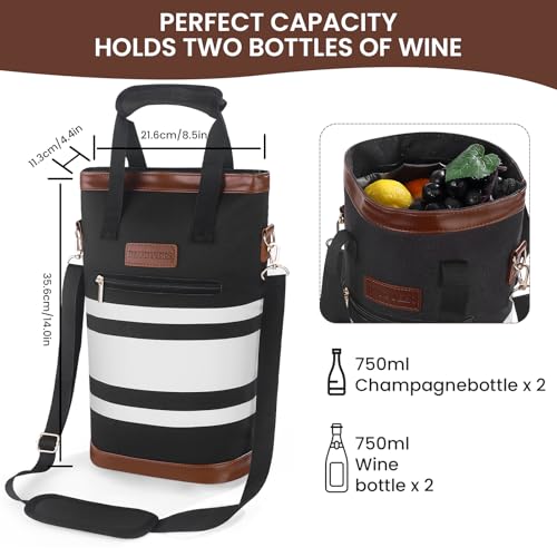 BLUBYEES 2-Bottle Insulated Wine Carrier Tote - Leakproof Padded 900D Oxford Cooler Bag for Travel, Picnics, Beach & Parties - color: Modern Black & White