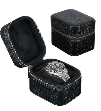 Watch Travel Box, Real Genuine Leather Single Watch Roll Case for Man and Women Watch Packing Storage Organizer with Suede to Protection Zipper Fit All Watches Up to 60mm (1W-Z-BB) - color: 1W-Z-BBL