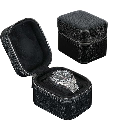 Watch Travel Box, Real Genuine Leather Single Watch Roll Case for Man and Women Watch Packing Storage Organizer with Suede to Protection Zipper Fit All Watches Up to 60mm (1W-Z-BB) - color: 1W-Z-BBL
