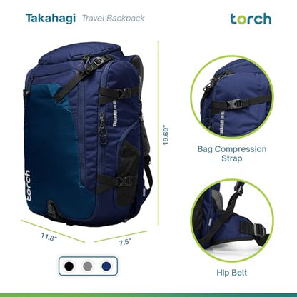 torch Travel Backpack 40L – TSA Friendly Flight Approved, Carry-On Waterproof Hiking Daypack with Rain Cover – Lightweight Rucksack for Camping, Trekking, Outdoor Adventures – Takahagi(Blue)