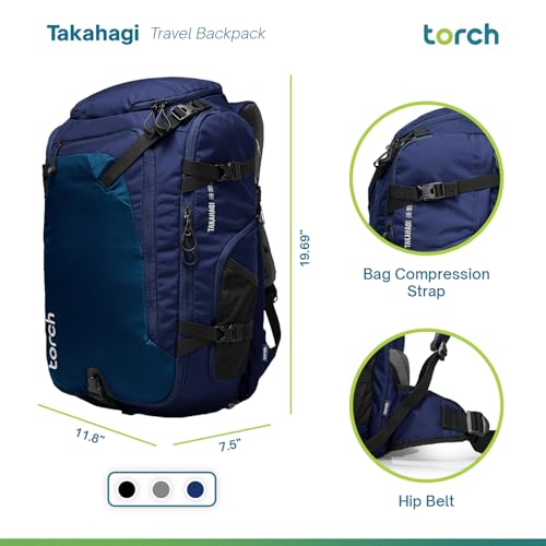 torch Travel Backpack 40L – TSA Friendly Flight Approved, Carry-On Waterproof Hiking Daypack with Rain Cover – Lightweight Rucksack for Camping, Trekking, Outdoor Adventures – Takahagi(Blue)