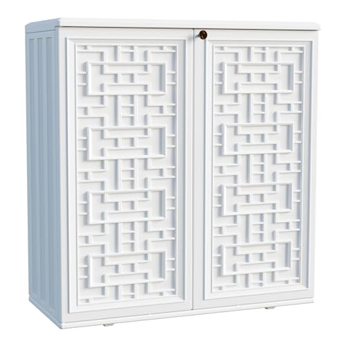 Mrosaa Indoor Outdoor Storage Cabinet Waterproof with Shelf, Off White Plastic Outdoor Cabinets for Patio/Garden/Backyard, Size 34.3''L*15''W*36.2''H - color: White