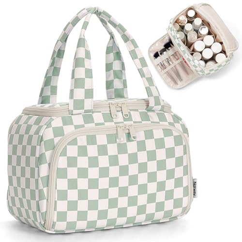 Narwey Checkered Travel Toiletry Bag for Women Large Makeup Bag, Wide-open Cosmetic Make Up Organizer with Handle, Travel Bag for Toiletries, Essentials, Accessories (Mint Green Checkerboard) - color: Mint Green Checkerboard