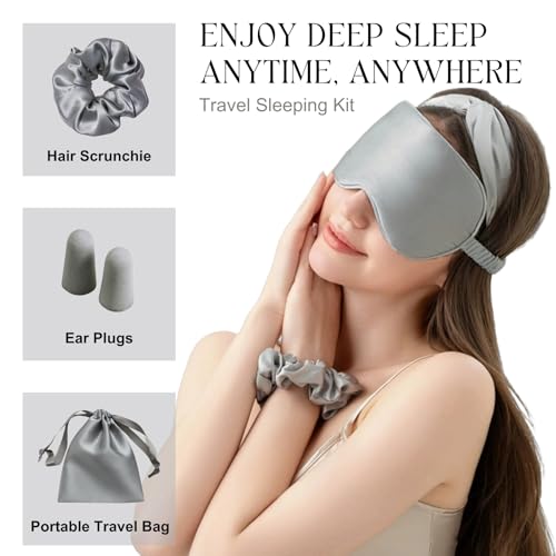 Silk Satin Sleeping Eye Mask, Silvergrey Sleep Eye Mask Night Blindfold for Women and Men, Soft Breathable Blackout Eyeshade Eye Cover for Travel, Wedding Bridesmaid Gift - color: Silvergrey