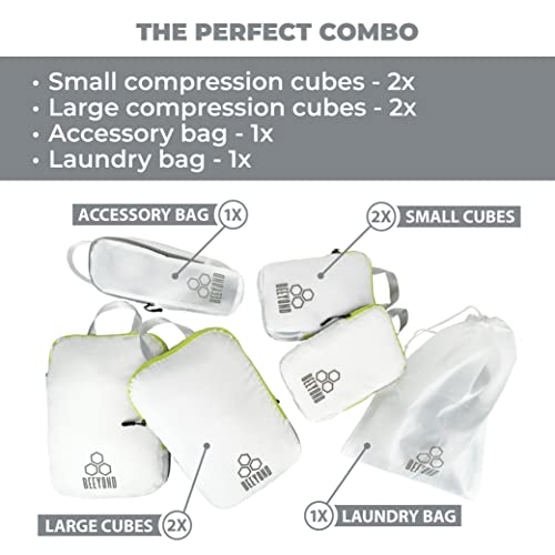 Beeyond Compression Packing Cubes Set - 6 Pieces for Travel and Luggage Organization, Includes Large & Small Cubes, Accessories Bag, and Laundry Bag