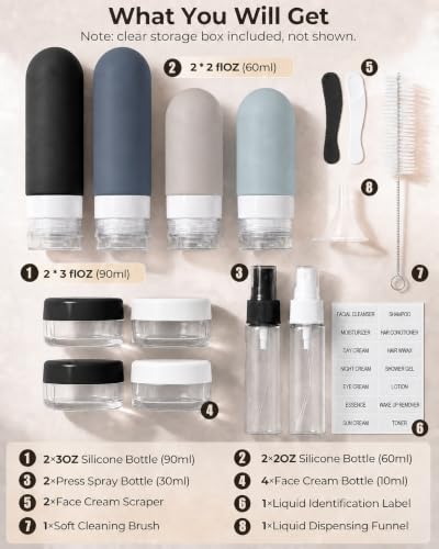 17 Pack Travel Bottles for Toiletries, TSA Approved Leak Proof Silicone Travel Containers for Toiletries with Label-Black+DarkBlue+ DarkGreen+Khaki - color: Black+White+Gray+Blue
