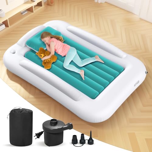 Inflatable Toddler Travel Bed - 60 Inches Portable Toddler Bed for Travel with Safety Sides - Cozy Kids Air Mattress Set with High-Speed Pump & Carry Case - Easy to Inflate(Teal Blue) - color: Teal Blue