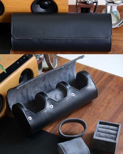 Watch and Cufflink Organizer for Men - Portable 2 Slot Display Storage Box With Velvet Holder for Large Watches, Rings - Travel Roll Case - color: Black 2 Slot Watch and 1 Slot Cufflink box