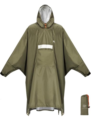 ANYOO Hooded Rain Poncho for Adults Waterproof Lightweight Rain Coat for Men Women Reusable Rain Jacket for Emergency Outdoor - color: Z-army Green(with Zipper)