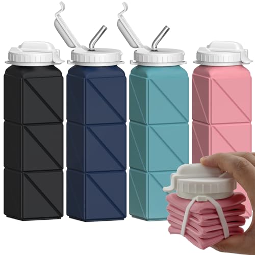 BEAUTAIL Collapsible Water Bottles 20.6oz, Silicone Foldable Portable Travel Water Bottle, Lightweight Reusable Leakproof for Traveling Camping Hiking Cycling Yoga Sports Outdoor - color: Type2 Black+Dark Blue+Blue+Pink