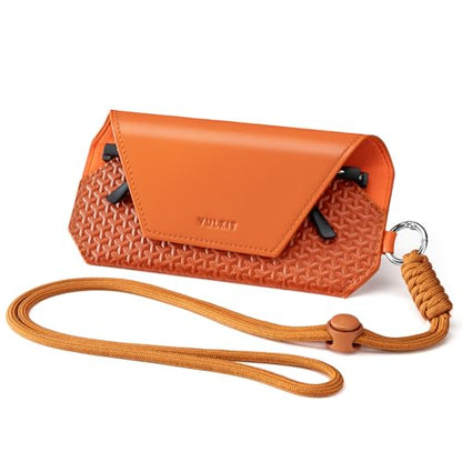 VULKIT Portable Leather Eye Glasses Case for Women & Men, Slim Sunglass Case, Unisex Eyeglass Case - color: Tangerine Rush With Lanyard
