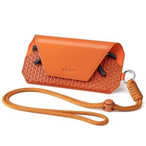 VULKIT Portable Leather Eye Glasses Case for Women & Men, Slim Sunglass Case, Unisex Eyeglass Case - color: Tangerine Rush With Lanyard