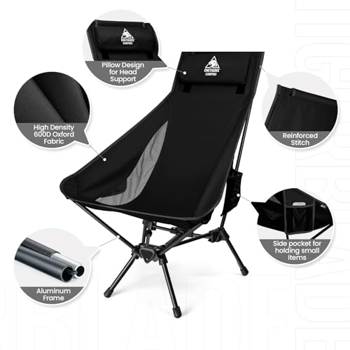 ONETIGRIS Tigerblade High Back Camping Chair with Pillow Design, Comfortable Widened Seat Folding Chair - color: Black