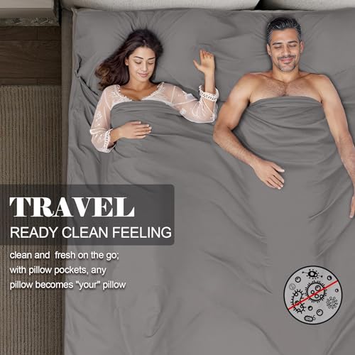 Sleeping Bag Liner,Travel Sheet & Adult Sleep Sack, Camping Sheets Travel Sleep Sack for Backpacking,Hotels & Hostels -Lightweight Single &Double Travel Sheet Camping Sheets - color: Double Gray