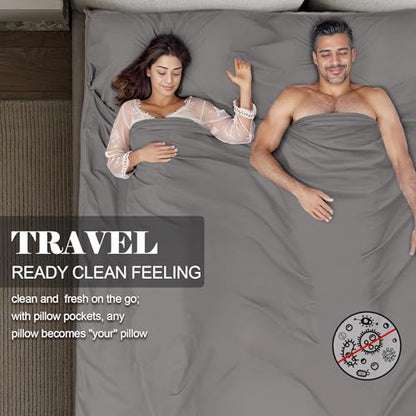Sleeping Bag Liner,Travel Sheet & Adult Sleep Sack, Camping Sheets Travel Sleep Sack for Backpacking,Hotels & Hostels -Lightweight Single &Double Travel Sheet Camping Sheets - color: Double Gray