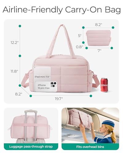 BAGSMART Gym Bag for Women, Lightweight Puffer Duffle Bag 2-PC Travel Bag, 31L Weekender Overnight Bag Quilted Carry On Tote Bag, Diaper Hospital Dance Bag for Travel, Gym, Water Resistant, Pink - color: Baby Pink