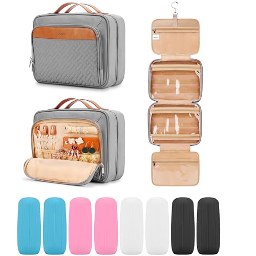 Travel Hanging Toiletry Bag for Women and Men, with 8 Leak Proofing Silicone Bottle Covers, Waterproof Makeup Accessories, Cosmetic Essentials, Cruise Ship Toiletries Bag with Jewelry Organizer, Grey - color: Grey, size: Medium*1 + Leak Proofing Bottle Co