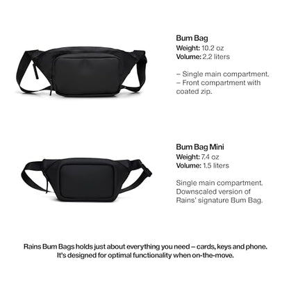 RAINS Bum Bag - Black Waterproof Unisex Sling Bag for Men and Women - Adjustable Strap, Coated Zip Closure - Crossbody Belt Bag for Travel and Everyday Use - 2 Year Warranty - size: Standard