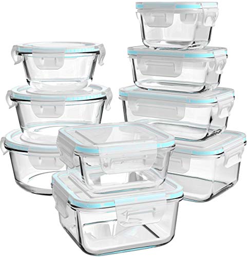AILTEC Glass Food Storage Containers with Lids, [18 Piece] Glass Meal Prep Containers Set, Airtight Leak Proof, Oven Freezer Dishwasher Safe, BPA Free (9 Lid & 9 Container) - color: clear