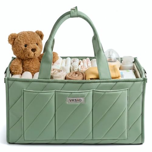Baby Essentials Diaper Caddy Organizer – Portable Storage Basket with Shoulder Strap & Stroller Hooks, Splashproof Quilted Nursery & Car Tote, Gender Neutral Gifts for Baby Shower, Sage Green - color: Sage Green, size: X-large