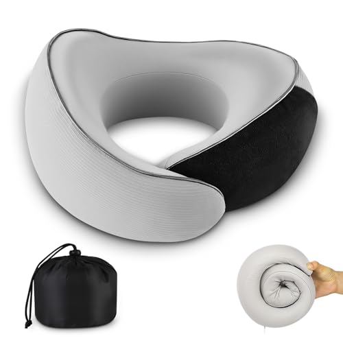 Travel Pillow for Airplane - 360°Support Ergonomic Raised-Edge Designed, 100% Memory Foam Neck Pillow - Best for Traveling & Long Flights & Offices & Cars Sleeping Use with Storage Box - color: Gr, size: Medium