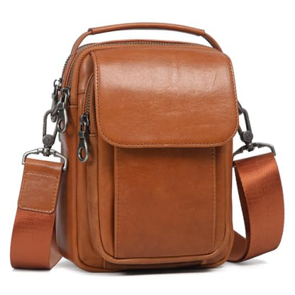 Augus Leather Small Messenger Bag For Men Crossbody Handbag Shoulder Sling Travel Bags for Men Purse Daypack Magnetic Buckle - color: Light Brown