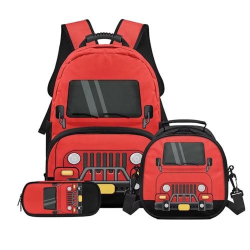 Kids Backpack Set for Boys,Fire Truck School Backpacks with Children Lunch Box and Pencil Case, Back to School Supplies for Preschool Primary - color: Fire Truck