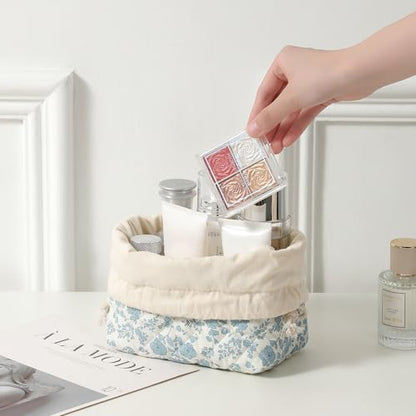 Cotton Quilted Drawstring Makeup Bag with Canvas Lining,Coquette Aesthetic Cute Travel Toiletry Bag,Drawstring Gift Bag for Women and Girls（02Light Blue Flower） - color: 02Light Blue Flower